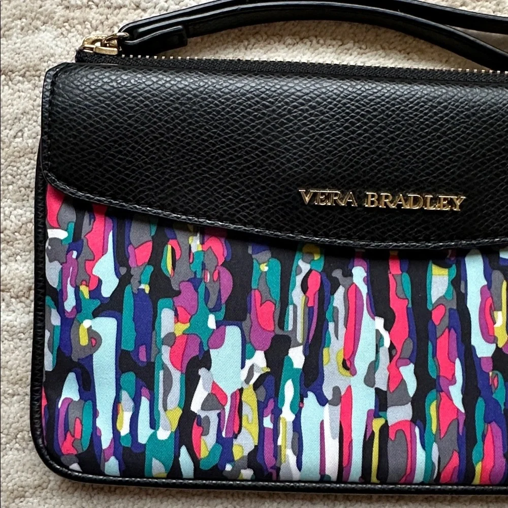 Vera Bradley Envelope Wristlet Watercolor Brushstrokes Black Leather Trim Clutch